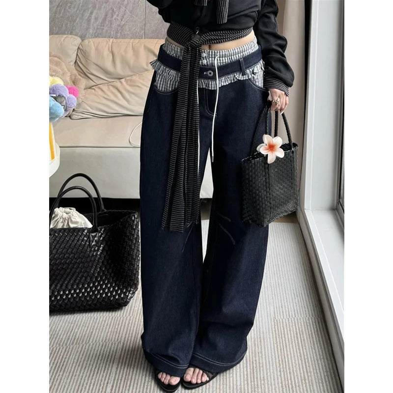 Blue Womens Jeans High Waist Vintage Design Hip Hop Straight Baggy Denim Pants Street Y2K American Style Wide Leg Denim Trouser