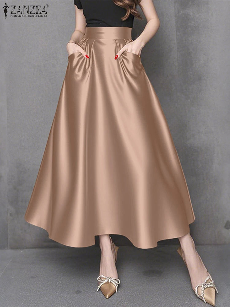 Fashion Women High Waist Party Skirt 2025 ZANZEA Summer Satin Jupe Elegant A-line OL Work Faldas Saia Stylish Maxi Long Skirts