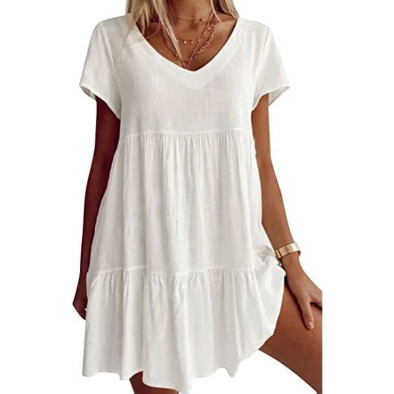 Women Short Sleeve Sexy V-Neck Swing Tunic Mini Dress Solid Color Pleated Ruffle Flowy Hem A-Line Casual Loose  Dropship