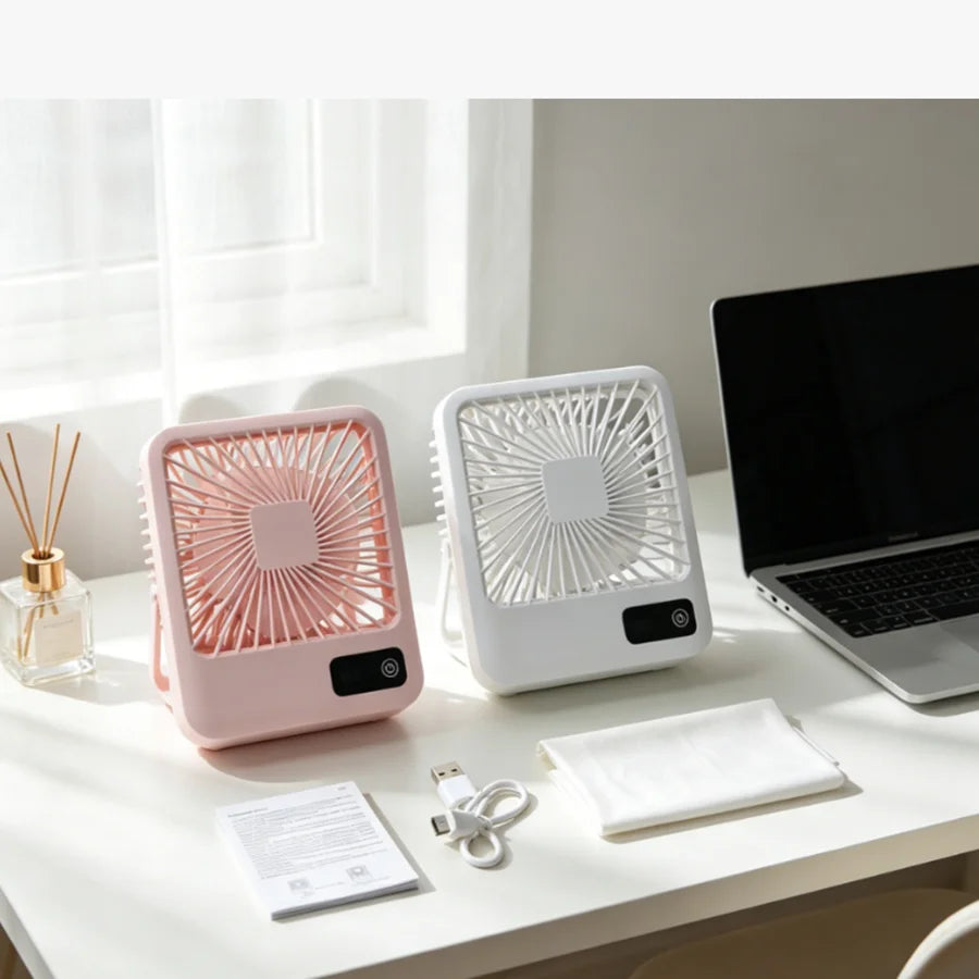 Portable USB Desk Fan with LED Display, 5 Speeds Quiet Personal Fan for Office Bedroom Travel, Rechargeable Mini Table Fan (Pink