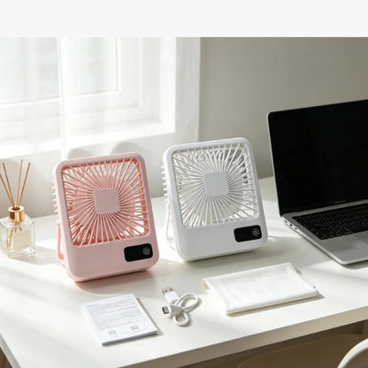 Portable USB Desk Fan with LED Display, 5 Speeds Quiet Personal Fan for Office Bedroom Travel, Rechargeable Mini Table Fan (Pink