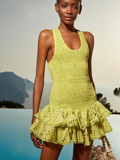 Embroidered Lotus Leaf Edge Dresses Spring Women Sleeveless Mini Strap Dress Summer High Waist Pullover Short Camisole Dress