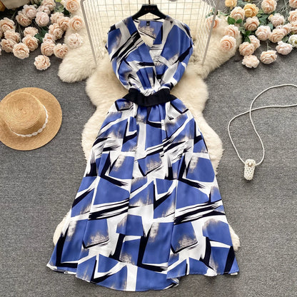 2026 Summer Bohemian Wommen Print Midi Dress Vintage V-Neck Sleeveless High Waist A-Line Plain Vestido Female New Casual Robe
