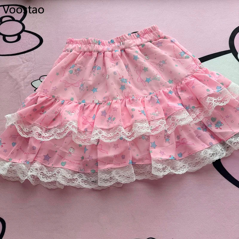 Pink Japanese Sweet Lolita Style Mini Skirt Women Kawaii Cartoon Bunny Bear Print Lace Cake Skirt Y2k Cute Skirts Faldas Mujer