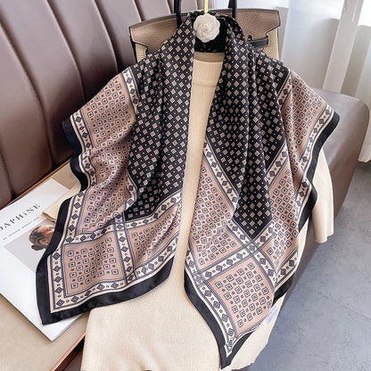 Twill Silk Scarf Women 90cm Square Hijab Shawls And Wraps Female Foulard Headkerchief Elegant Floral Summer Autumn Lady Bandana