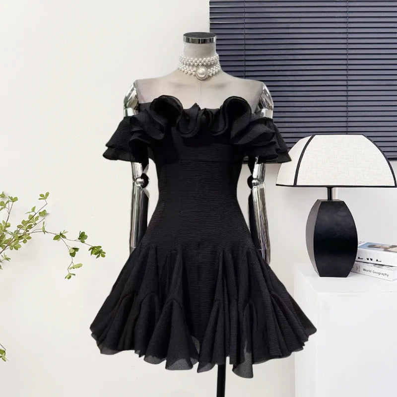 Women's Elegant Off Shoulder Ruffles Slim Mini Dress Lady Summer Sexy Party Holiday Slash Neck A Line Short Dress