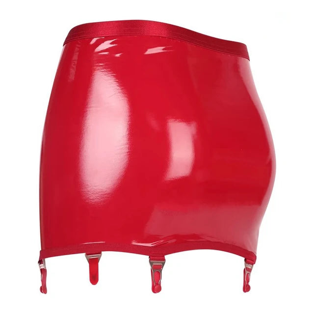 Sexy Women Oil Shiny Hip Wrap Mini Skirt With Metal Buckle Garters Belt For Stockings Female Erotic Faux Leather Clubwear