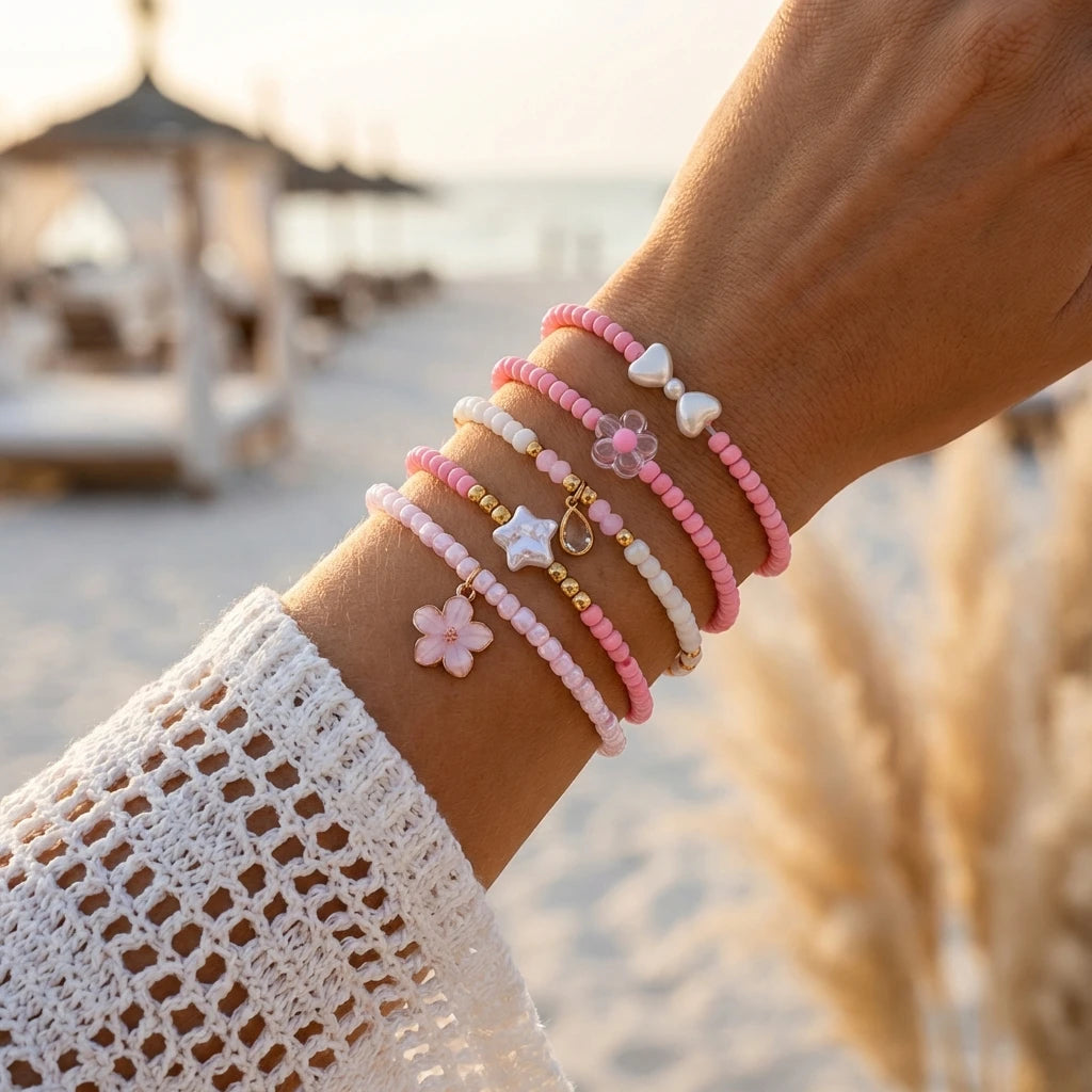 Cute Coral Starfish Shell Multi-Layer Bracelet for Women Ocean Series Fashion Stackable Beaded Jewelry Accessories