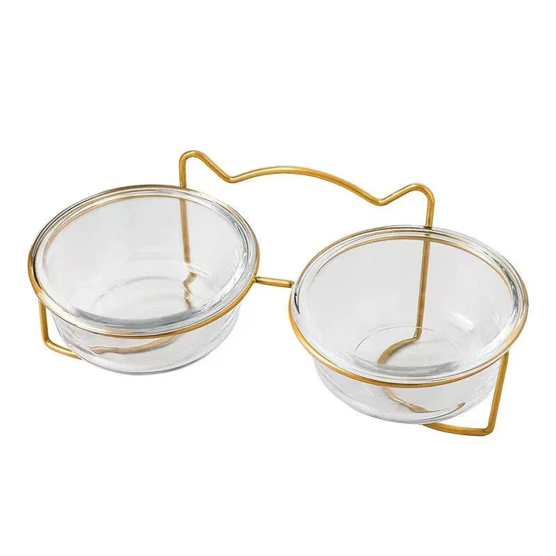 2x300ml Double Glass Cat Dog Bowl Puppy Food Bowl with Iron Frame Gold Stand Raised Water Feeder Bowl Pet Supplies Accessories
