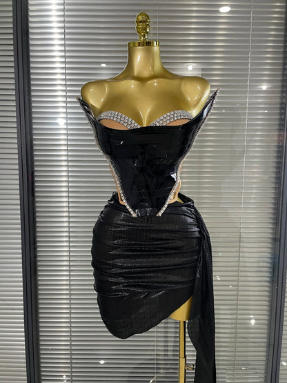 Blue Black Women Sexy Strapless Shinning Sequins 2 Pieces Bodycon Mini Dress Draped Celebrate Nightclub Party Bar Singer Wear
