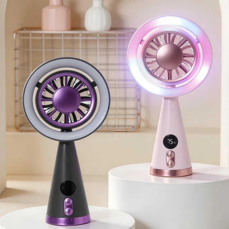 Portable Handheld Fan USB Rechargeable Mini Cooling Fan Digital Display LED Light Personal Fan for Travel Camping Outdoor
