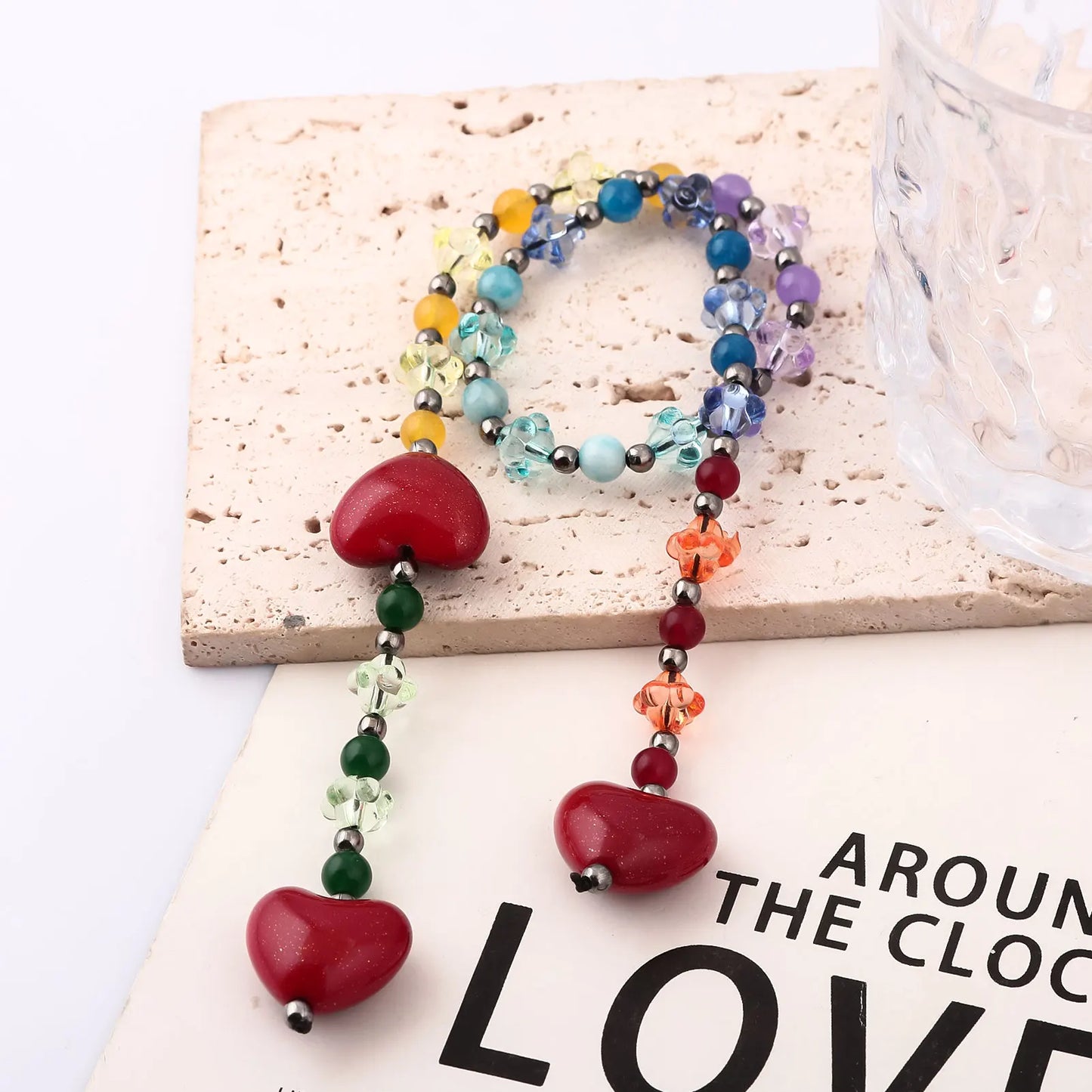 Fashion Key Chain With Red Heart Y2k Style Bag Pendant Cool Trendy Bag Charms Korean Cute Beaded Keychain Ladies Gifts Jewelry