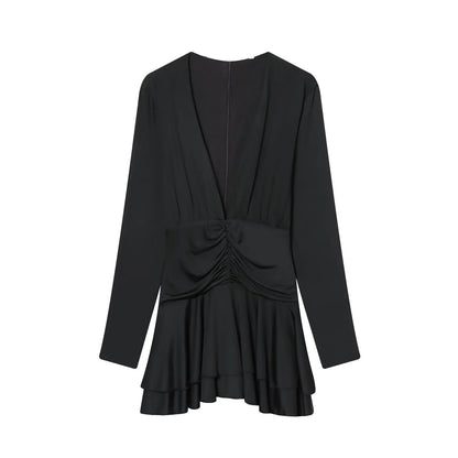 TFAFXY Women's Fashion Dress 2025 Autumn New Solid Pleated Long Sleeves Dress Women Hight Street Party Dress