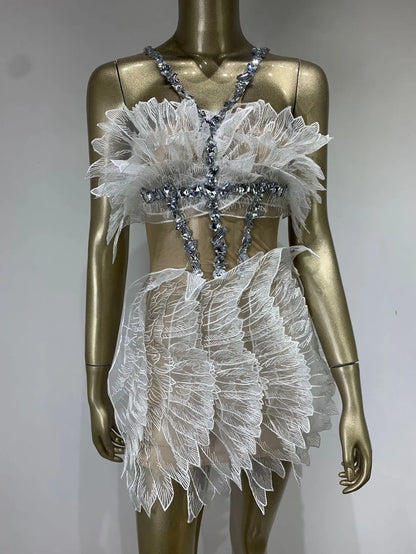 Women Sexy White Gold Crystal Transparent Wings Mini Dress Bar Nightclub Party Singer Stage Performance Costume