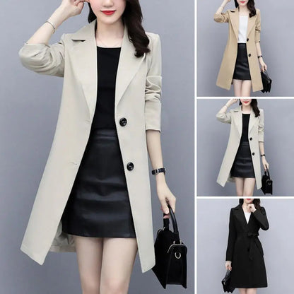 Women Fall Spring Coat Lapel Cardigan Double Buttons Trench Coat Solid Color Mid Length Pockets Business Jacket With Belt