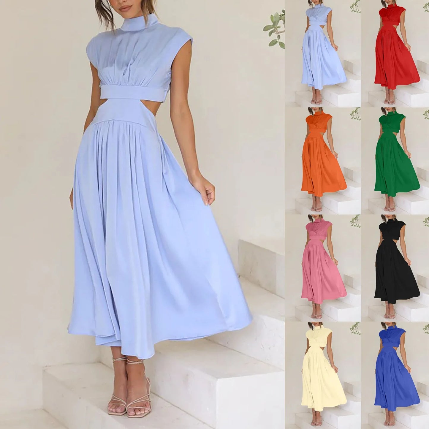 Women's Solid Color Basic Fashion High Waist Hollow Out Sexy Casual Streetwear High Neck Sleeveless Pocket Open Waist Maxi Dress