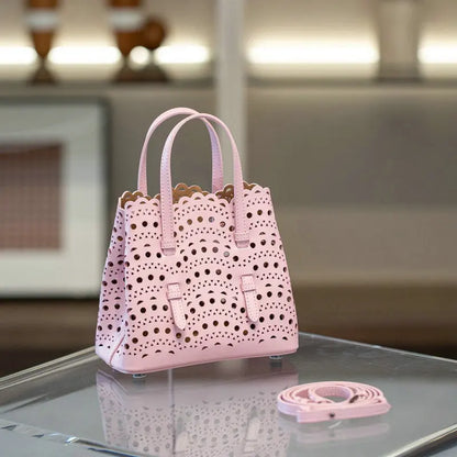 Brand Designer Luxury High Quality Mini Cowhide Shoulder Handbags 2025 Hollow Fashion Large Capacity Genuine Leather Bucket Bag