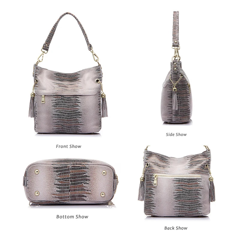 100% Genuine Leather Women's Shoulder Handbags Shiny Embossed Lady Suede Cowhide Real Leather Bags New Cross Body Bucket Bag