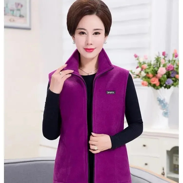 Autumn Winter Women Fashion Stand Up Polar Fleece Vest For Women's Solid Warm Lady Sleeveless Jacket