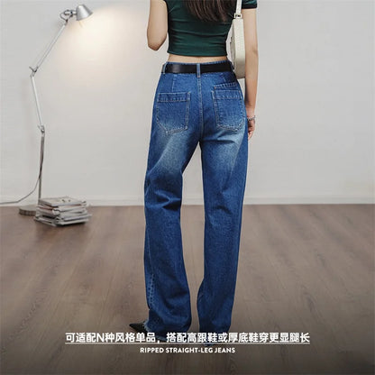 Maden Women Ripped Denim Jeans Washed Jeans 12.8 OZ Vintage Do Old Straight Full Length Pants Mid Waist Casual Blue Jeans