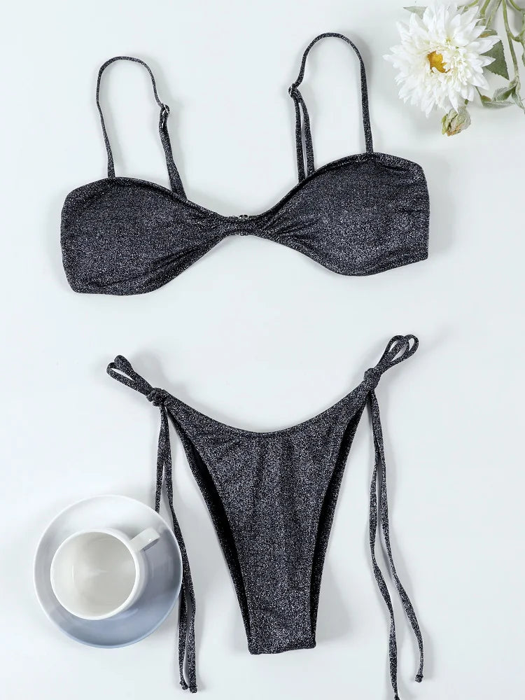 Miyouj 2026 Bikini Set Shiny Swimwear Solid Color Swimsuits Women's Beach Wear Suits Brazilian Biquini Triangle Two Piece Suit