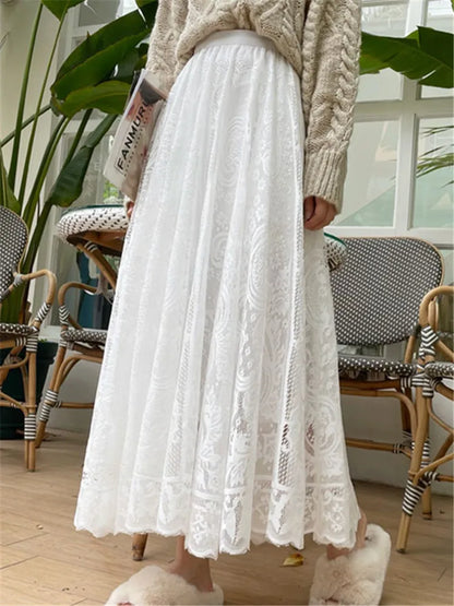 REALEFT Vintage Women's Lace Crochet Umbrella Long Skirts Bohemian High Waist Hollow Out Female Maxi Skirts Spring Summer