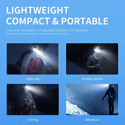 Side-mounted, ear-hook style headlamp with motion sensor; portable lightweight—ideal for outdoor night activities emergencies