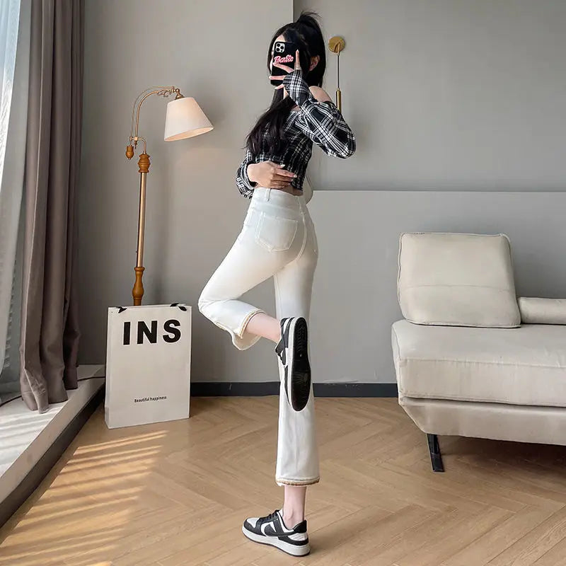 Spring New Flare Imitation Jeans Women Solid Button Zipper Patchwork Pocket Cotton Fashion High Waist Slim Fit Straight Pants