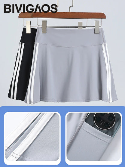BIVIGAOS Summer Double Stripe Sport Tennis Short Skirts Women Fake Two Piece Stretch Running Fitness Golf A-line Yoga Mini Skirt