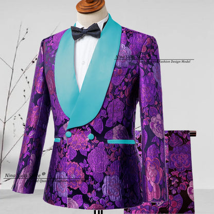 G&N 2025 New Jacquard Suit Men's 2-piece Formal Ball Performance Set Black Satin Collar Purple Rose Red Flower Pattern Costumes