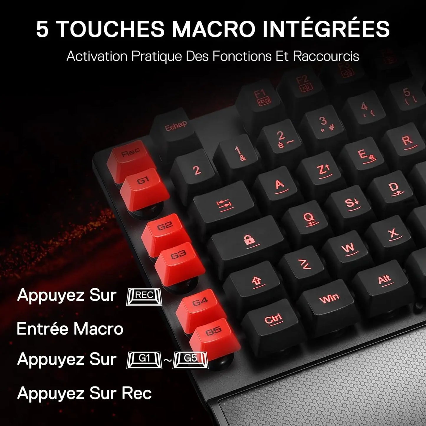 Redragon K505 Gaming Keyboard, French AZERTY, Rainbow Backlight, 26 Anti-Ghosting Keys, Wired Gaming Keyboard, Membrane Keyboard