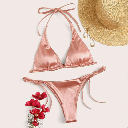 Brazilian Bikini Set Women Halter Neck Triangle Cup Swimwear Low Waist Satin Bandage Bikini Swimwear Summer Beach Bathing Suit