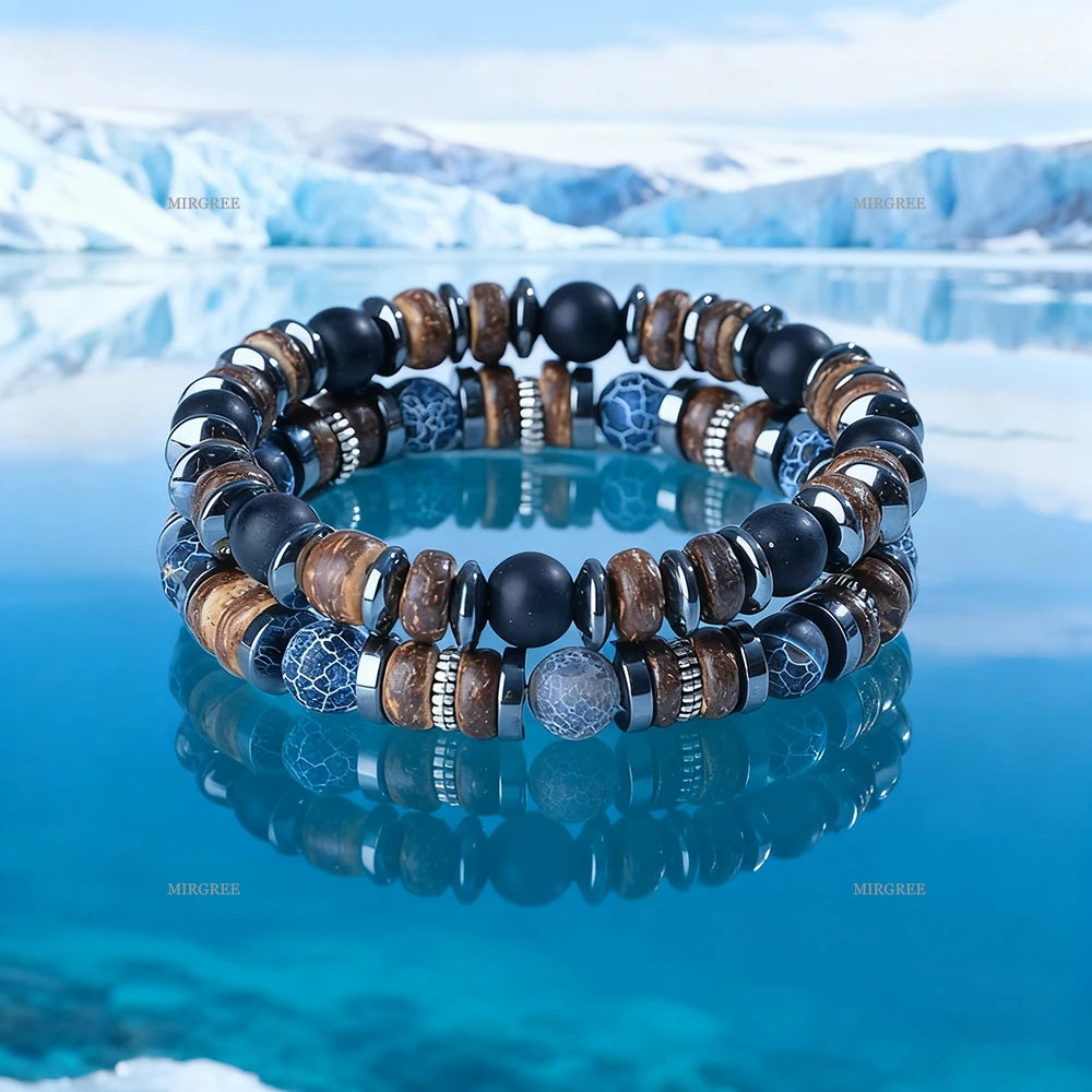 2pcs Men's Natural Stone Bead Bracelet Set, Handmade Retro Outdoor Style Men's Jewelry, Men's Gift