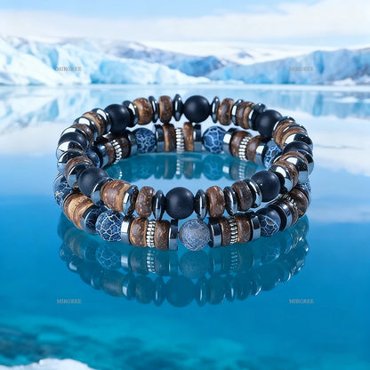 2pcs Men's Natural Stone Bead Bracelet Set, Handmade Retro Outdoor Style Men's Jewelry, Men's Gift
