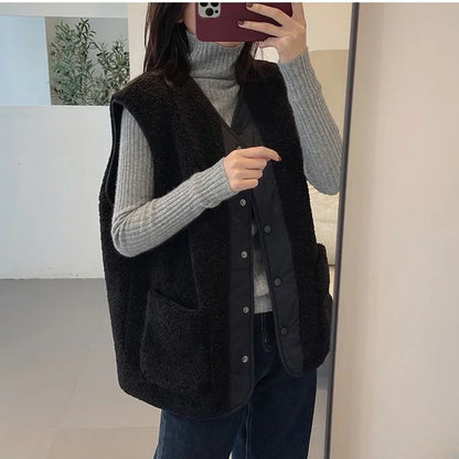 Smvp Fashion O-neck Waistcoat Solid Color Soft Baggy  single-breasted reversible Sleeveless warm plush Thicken Teddy Coat ladies