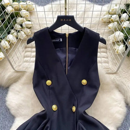 XFPV Women's Mini Dress New Elegant V-neck Sleeveless Button Zipper Folding Fashion Evening Party Clothing Female  22D1613