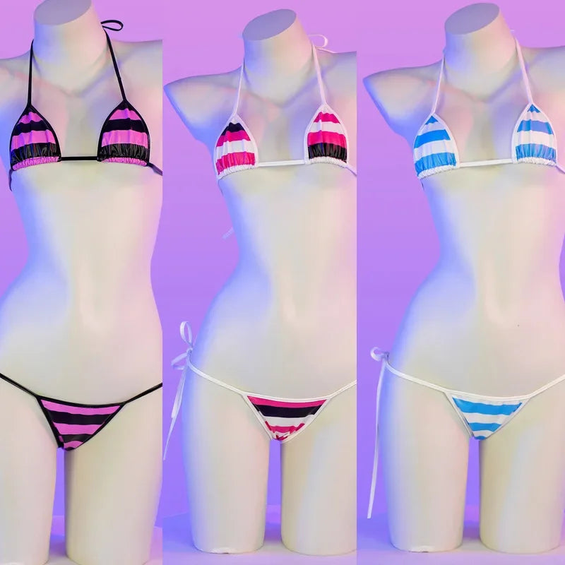 Summer PU Leather Micro Bikini Set Women Swimsuit Stripes Bright Anime Swimwear Erotic Underwear Sexy Lingerie Costume