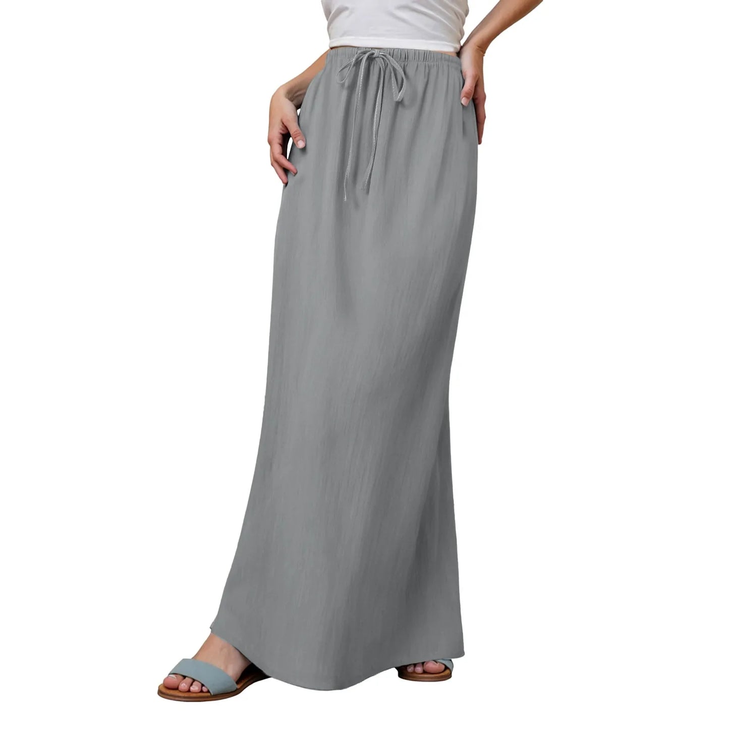 Women Summer Cotton Linen A Line Skirts Elastic Waist Drawstring Comfy Trendy Long Skirt Boho Beach Vacation Long Skirt