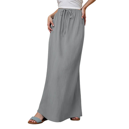 Women Summer Cotton Linen A Line Skirts Elastic Waist Drawstring Comfy Trendy Long Skirt Boho Beach Vacation Long Skirt