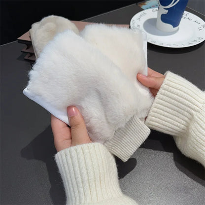 Winter Korean version half -finger leopard gloves suede iconic fur gloves, students with velvet fur, warm gloves wholesale