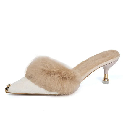 Women High Heel Shoes 2025 Fur Slippers Mules Pointed Toe Furry Slides Fashion Elegant Luxury Designer Flip Flops Office Pumps