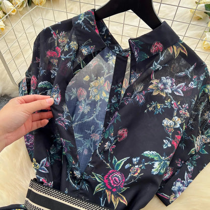 French Vintage Print Lapel Dress Women's Short Sleeve Floral Print High Waist Belt Office Lady Maxi Clothing Female Vestidos