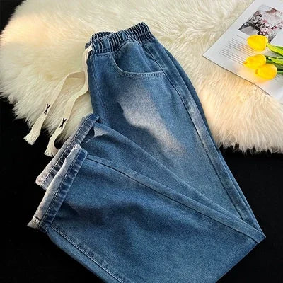 Thiened Fce Dstring Jeans Women's Winter New Sle Warm Straight Leg Loose Wide Leg High Waist Jeans Cotton Stretch D...