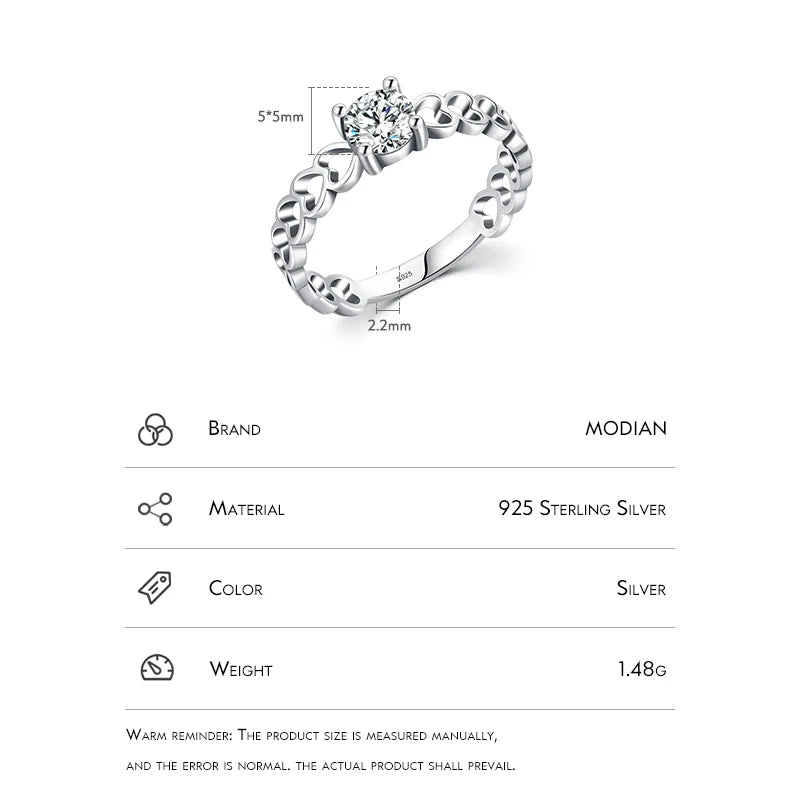 Modian 925 Sterling Silver Romantic Hollow Hearts Promise Ring For Women Fine Jewelry Sparkling Round 5mm CZ Rings Fine Jewelry