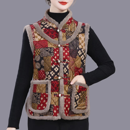 5XL Middle-aged Mother Vest Autumn Winter New Printed Fleece Vest Coat Female Sleeveless Jacket Grandma Thicken Warm Waistcoat