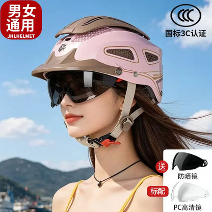 Hot Motorcycle Helmet Summer Breathable Open Face Helmet for Men Women Dual Lens Scooter Half Helmet with Taillights