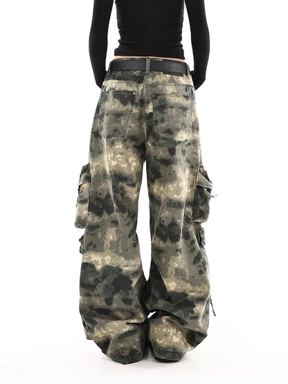 American Vintage Multi-pocket Camouflage Overalls Pants Women Y2K Streetwear Wide Leg Pants Popular Casual Straight Pants