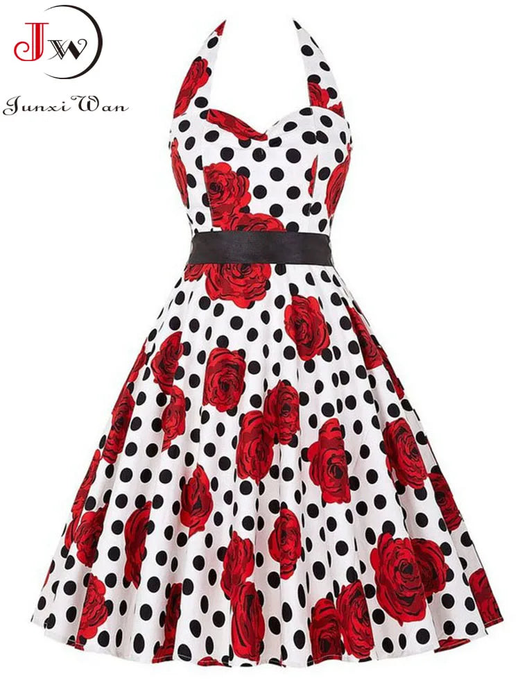 Women Summer Polka Dot Vintage Dress Fashion Party Office Lady 50s 60s Rockabilly Big Swing Halter Clothes Tunic Vestidos