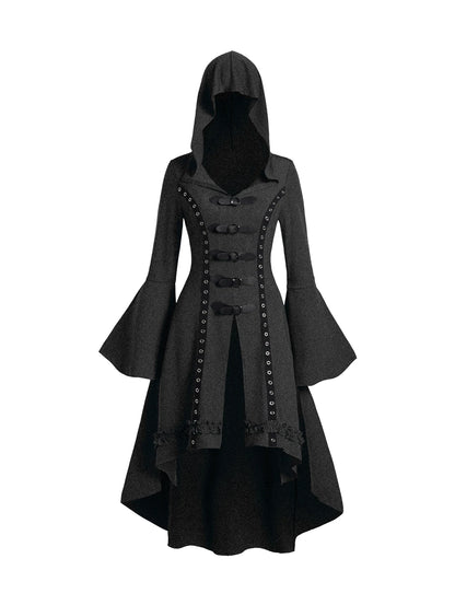 Dressfo Women's Grommet Gothic Hooded Top High Low Hem Buckle Flare Sleeve Frilled Top Long Sleeves Hooded Halloween Tops