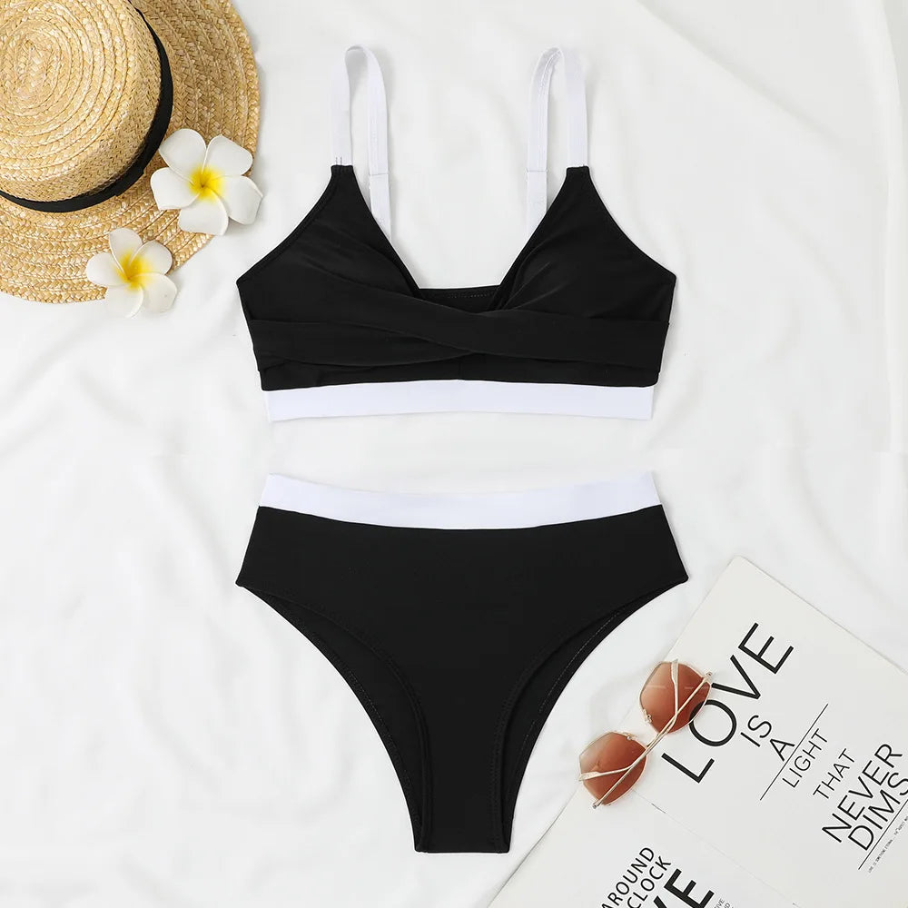 New Sexy High Waist Bikini 2025 Cross Backless Women Swimsuit Solid Tight Beachwear Bikini Set Seaside Sling Pool Swimwear